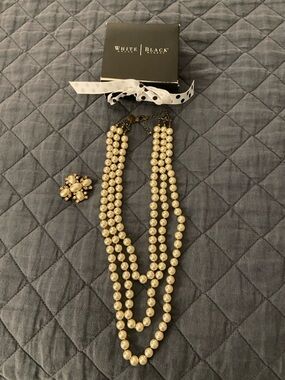 White House Black Market Multi-Strand Cream Pearl Necklace with Brooch